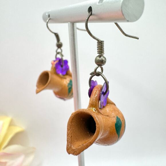 Handmade Hand Painted Clay Pot Dangle Earrings Folk Art Whimsical Floral Sequins - Picture 5 of 9